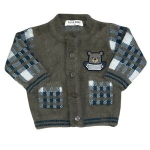Love Bird Fuzzy Knit Kids Cardigan Brown Plaid Teddy Bear Patch Soft Angora Feel